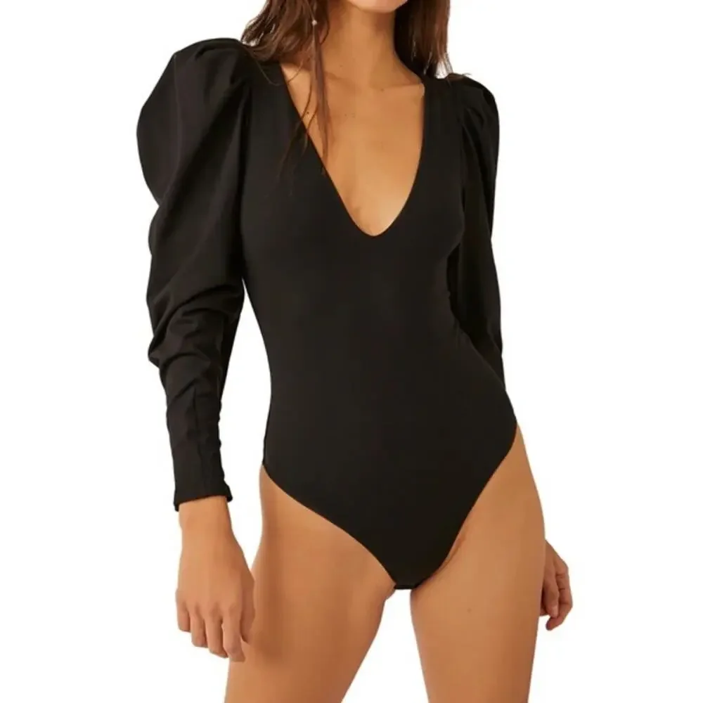 Free People Va VA Voop Long Sleeve Black Bodysuit NWT Large - Picture 1 of 6